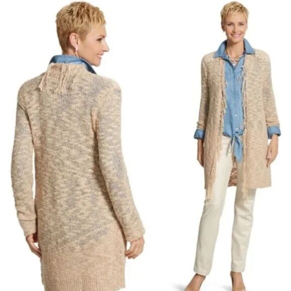 NWOT Chico's Monique Lace Fringe Tan Beige Cardigan Sweater Size 1 or MEDIUM - Picture 5 of 6